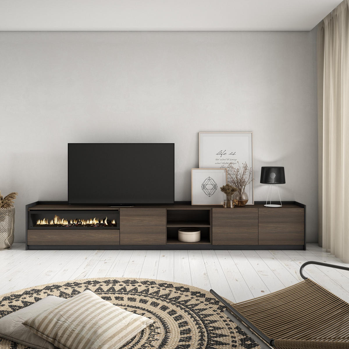 TV-SCHRANK, Lowboard, Dunkler Eiche und Schwarz, Elektrokamin, 310/37/50cm - Dunkelbraun, Holzwerkstoff (310/50/37cm) - Skraut Home