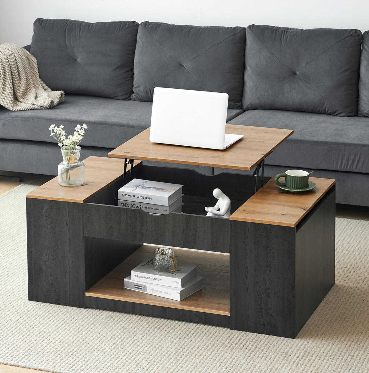 COUCHTISCH 109,5/59,7/43 cm höhenverstellbar mit Stauraum in Grau - Grau, Holzwerkstoff (109.5/59.7/43cm) - Flora Grace