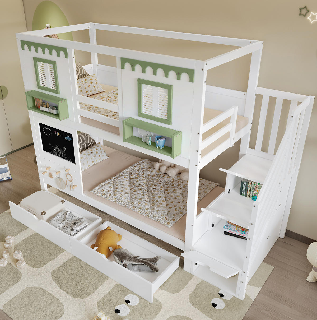 POSCHODOVÁ posteľ 90/200 cm bielo-zelená z masívu a MDF s úložnými schodmi a 2 zásuvkami - biela, drevo (90/200cm) - OKWISH