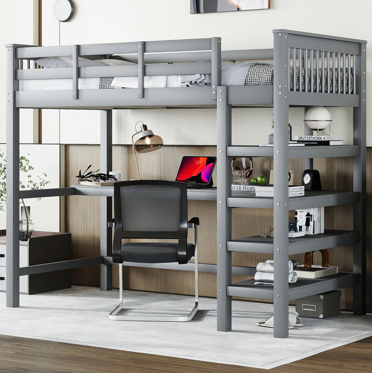HOCHBETT 90/200 cm in Grau – mit Schreibtisch, Regalfächern und Rausfallschutz - Grau, Holzwerkstoff (90/200cm) - BEAOK