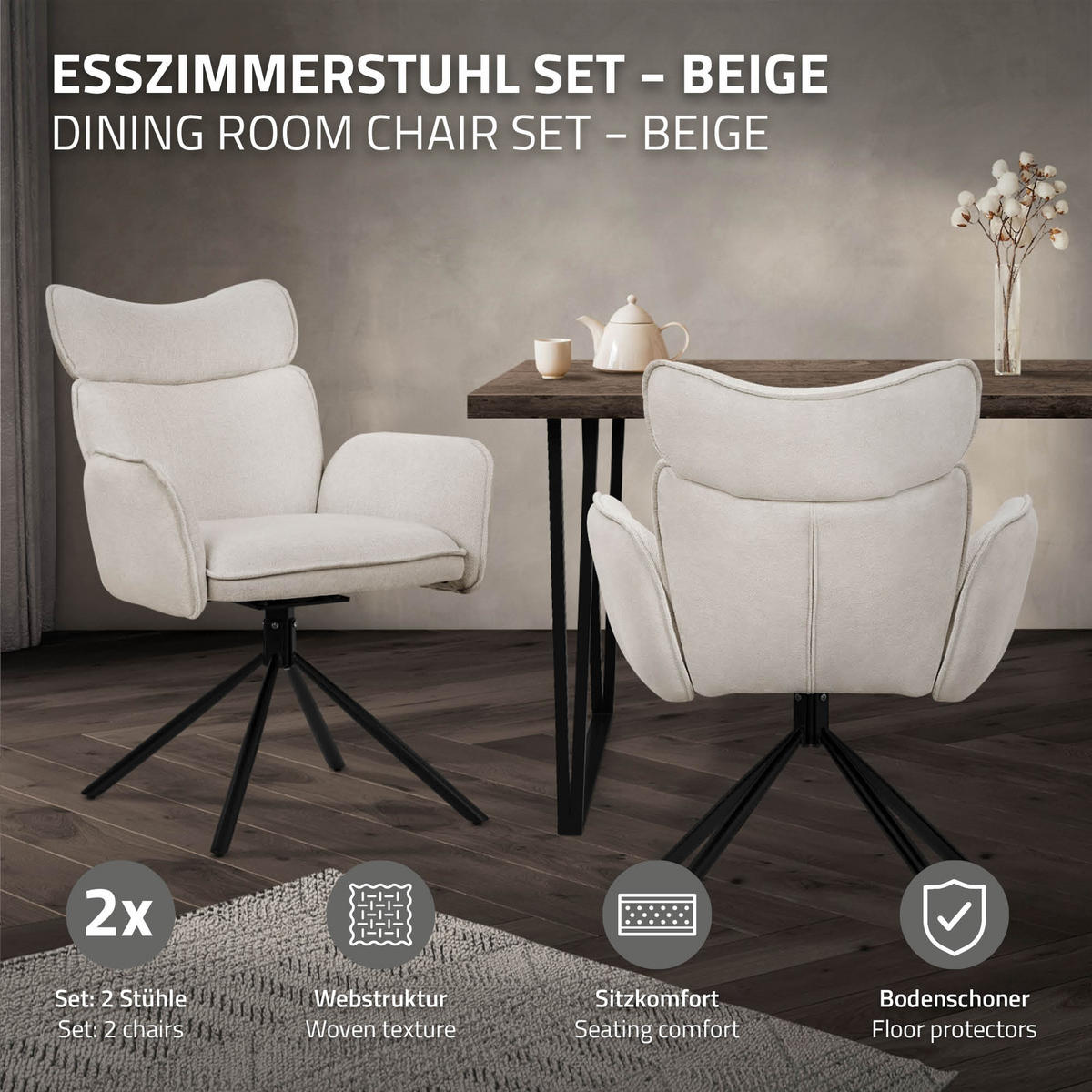 JÍDELNÍ ŽIDLE 2ks otočné béžové s látkovým potahem - černá/béžová, kov/textil (63/89/68cm) - ML-DESIGN