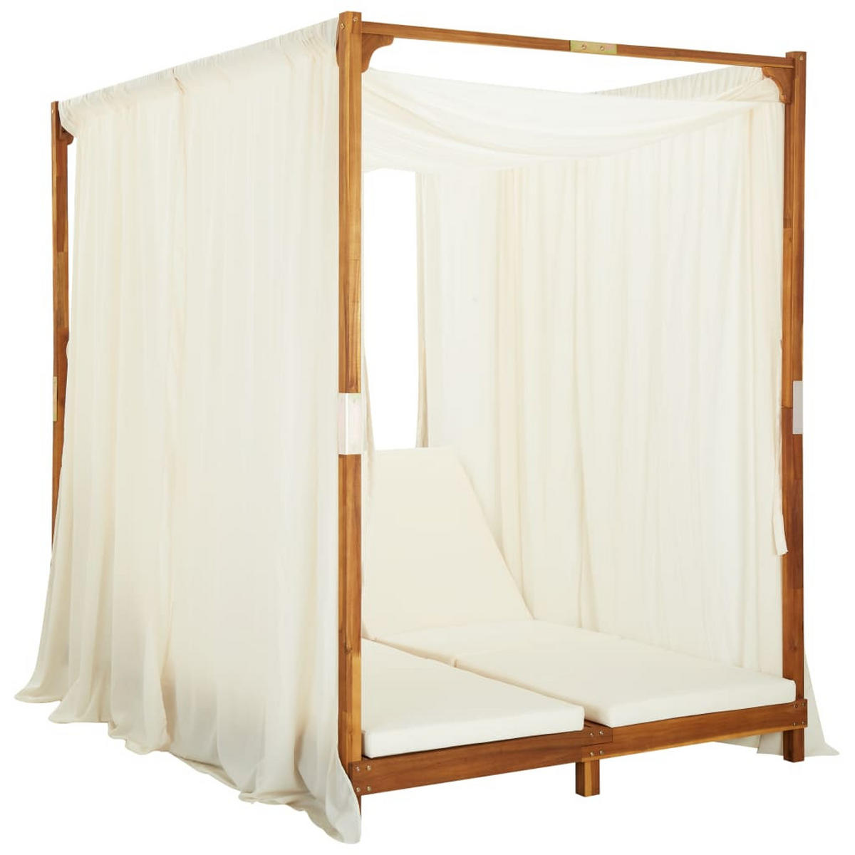 DOPPEL-SONNENLIEGE mit Vorhängen und Auflagen Akazie Massivholz - Creme, Holz (200/200/148cm) - furnicato