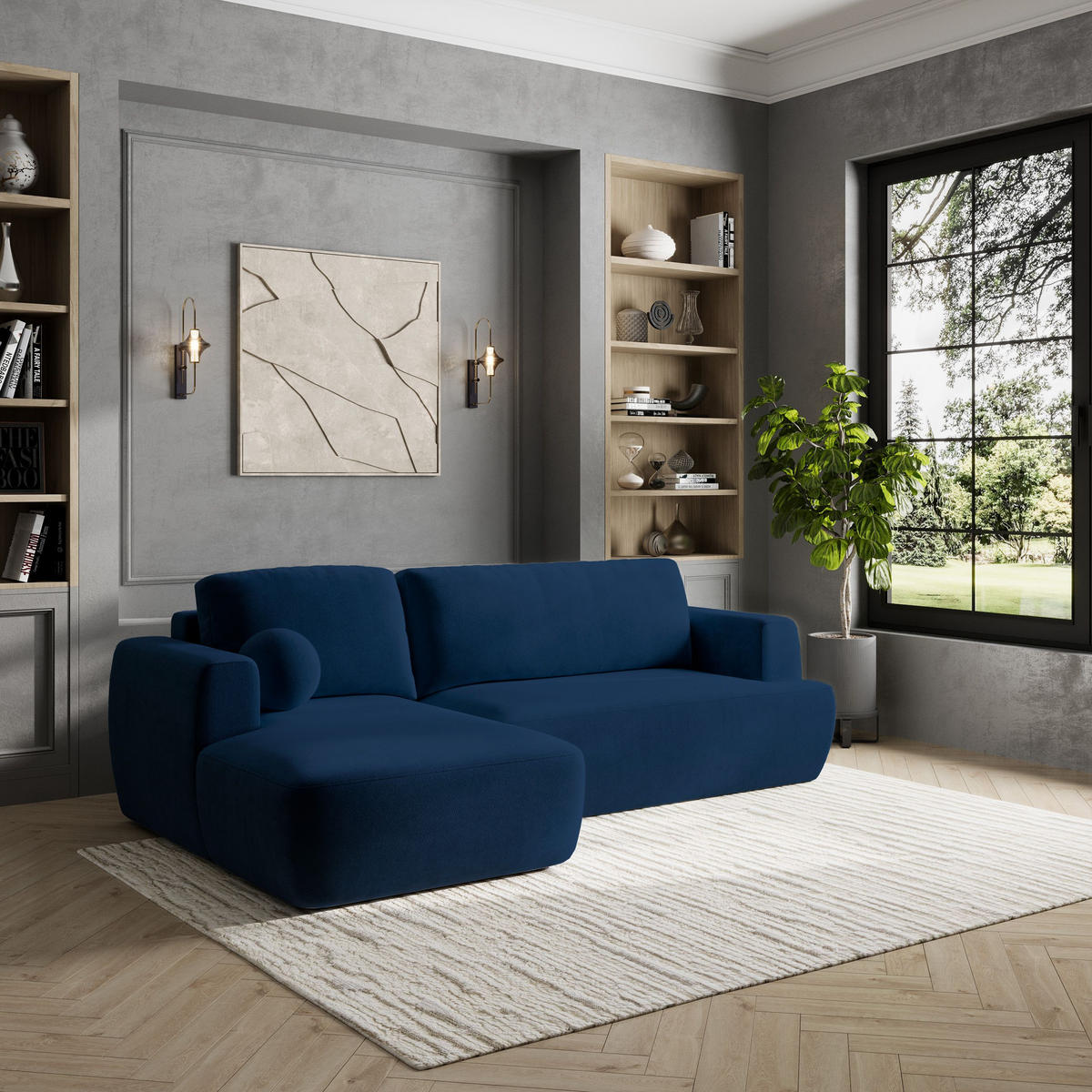 ECKSOFA SENTI K L-S Blau Plüsch-Stoff mit Schlaffunktion - Blau, Holz (246/148cm) - MASSENO