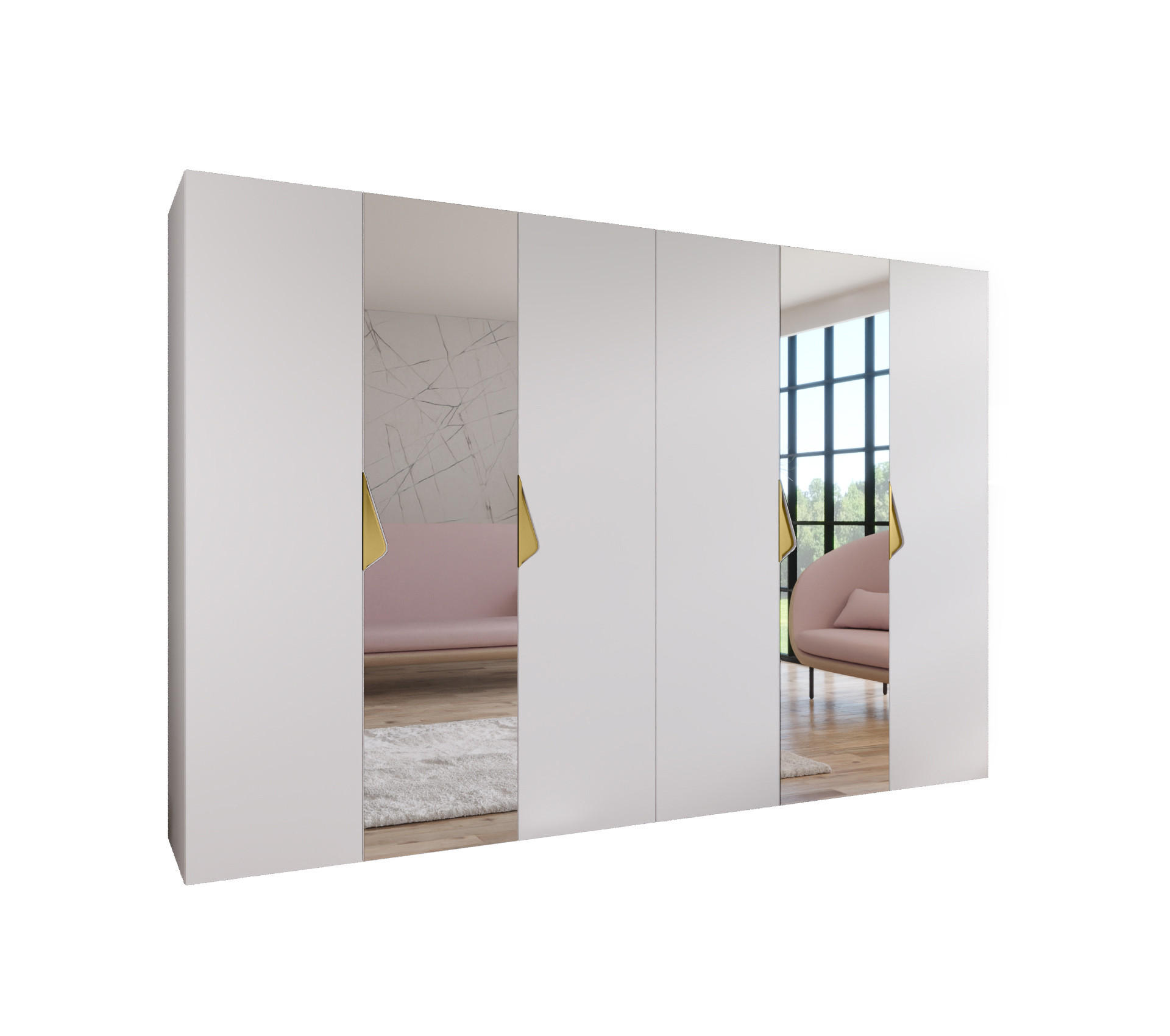Abiks Möbel Drehtürenschrank Weiß, Gold 300x202x52 cm
