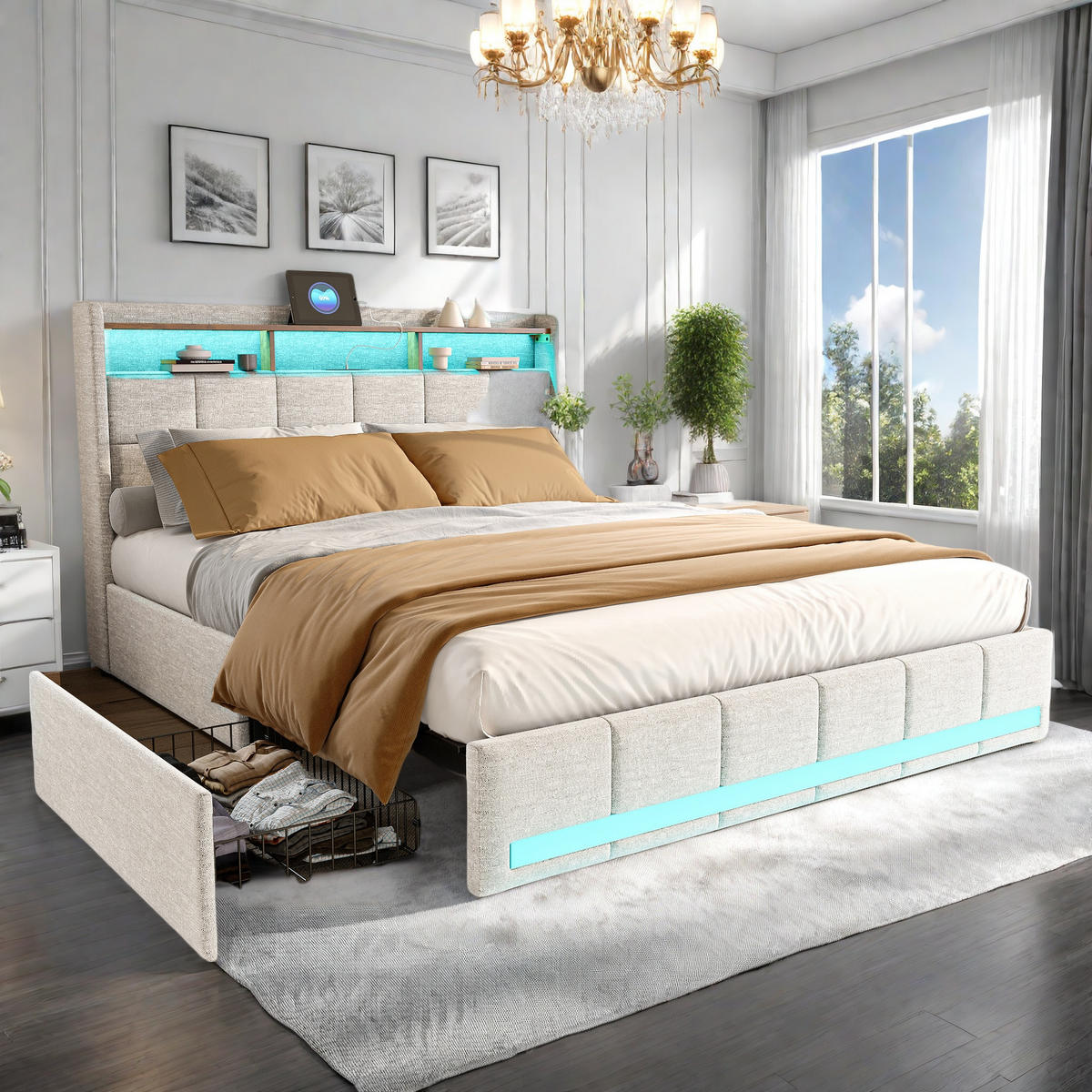 FUNKTIONSBETT POLSTERBETT 160x200 cm, mit USB-Laden & Stauraum, Beige - Beige, Holz (160/200cm)