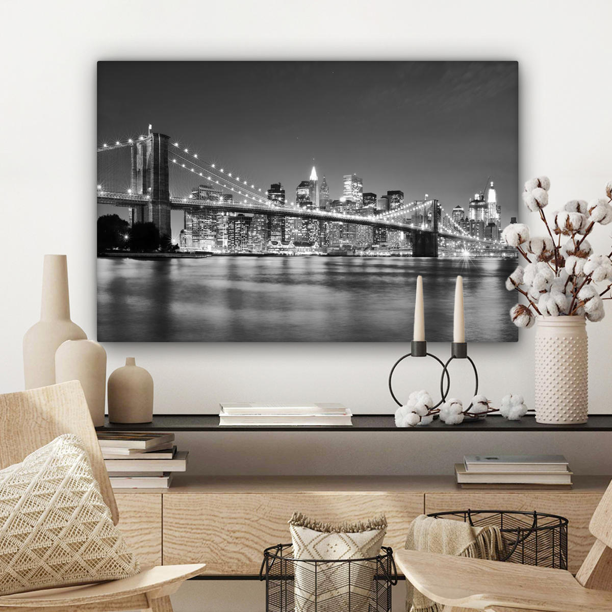 LEINWANDBILD - New York - Brücke - Brooklyn - Schwarz und weiß - Architektur - 90x60 - Deko Wohnzimmer - Schwarz, Textil (90/60cm) - MuchoWow