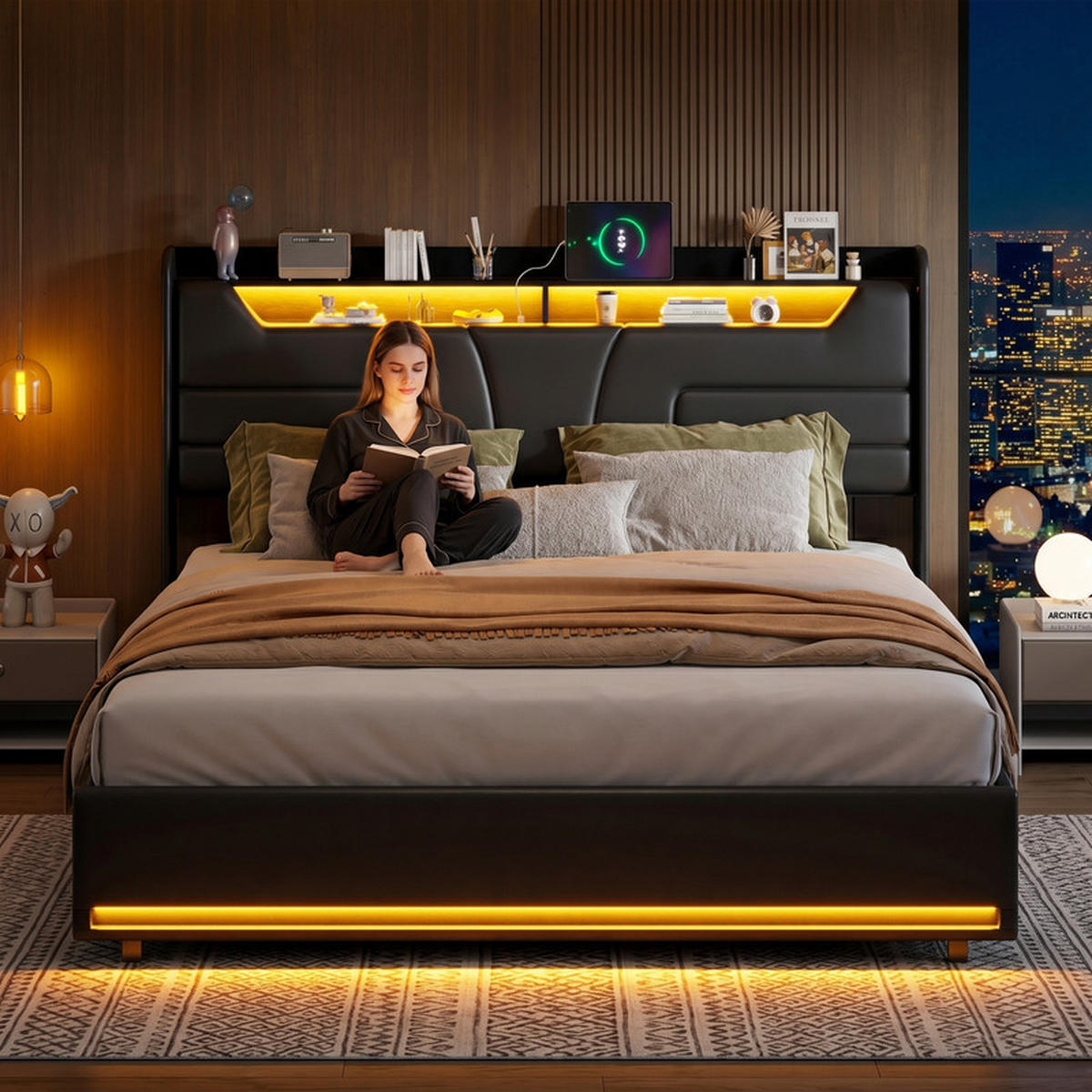 POLSTERBETT 140/190 cm schwarz mit Stauraum, LED und USB - Schwarz, Holz