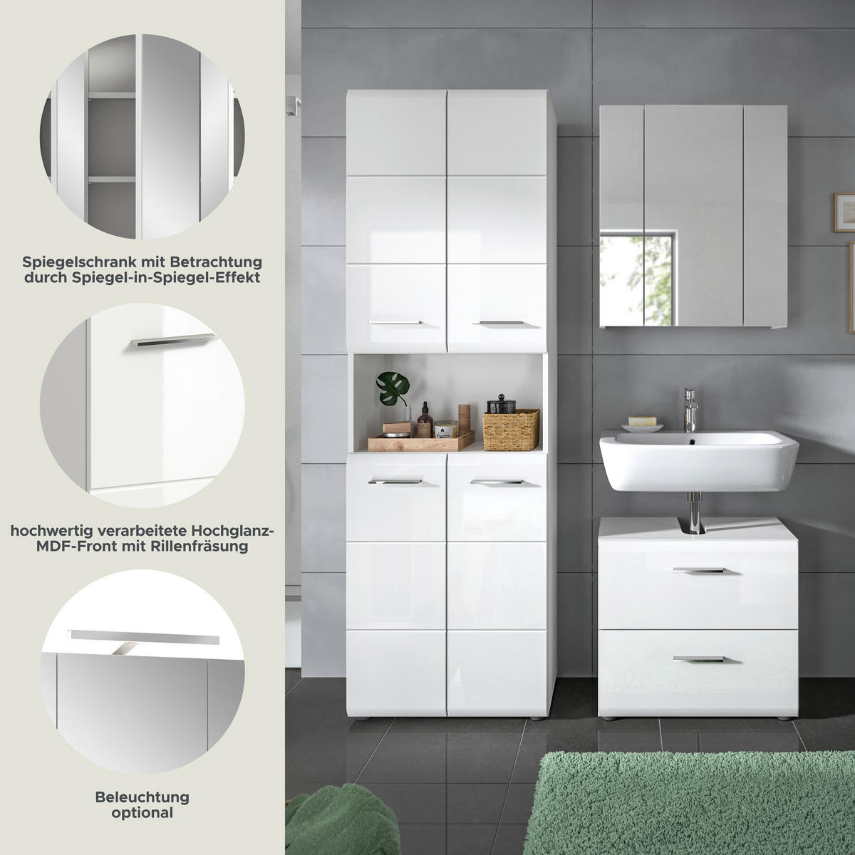 BADKOMBINATION Ice 135x185x30 cm weiß Hochglanz MDF 3tlg. - Weiß, Holz (135/185/30cm)