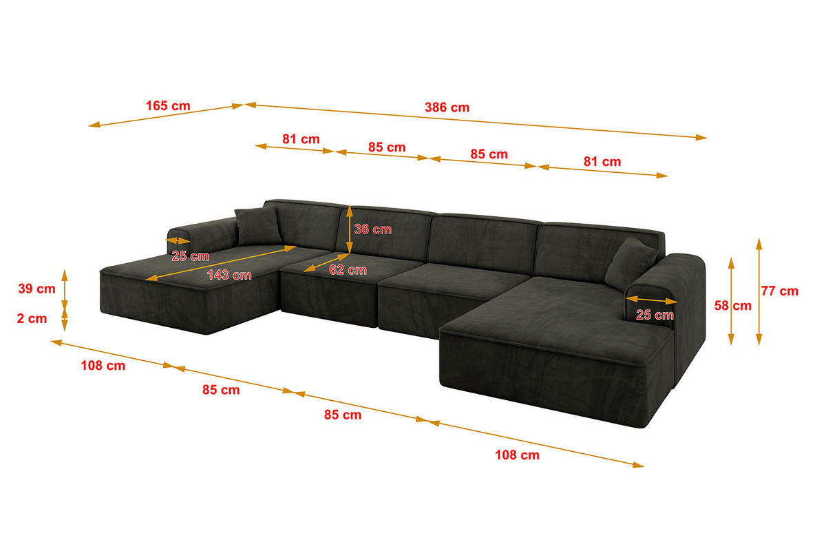 WOHNLANDSCHAFT IREA-U2-v3 - 386x165x77 cm Schwarz - Schwarz, Holzwerkstoff/Textil (386/77/165cm) - ALTDECOR