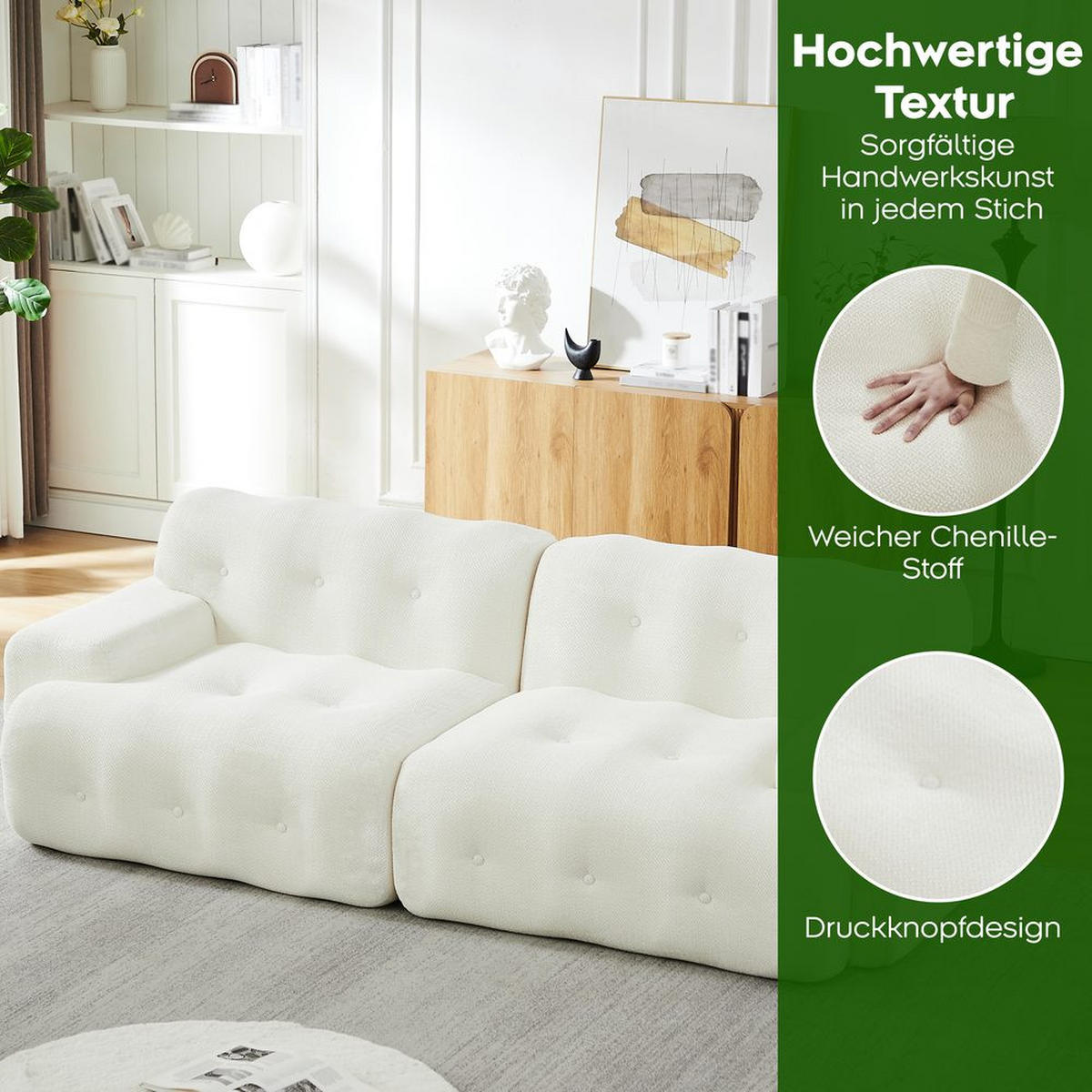 CLOUD-SOFA 2-SITZER, BREITE ARMLEHNEN, KNOPF-DESIGN - Beige, Textil (104/66/224cm)