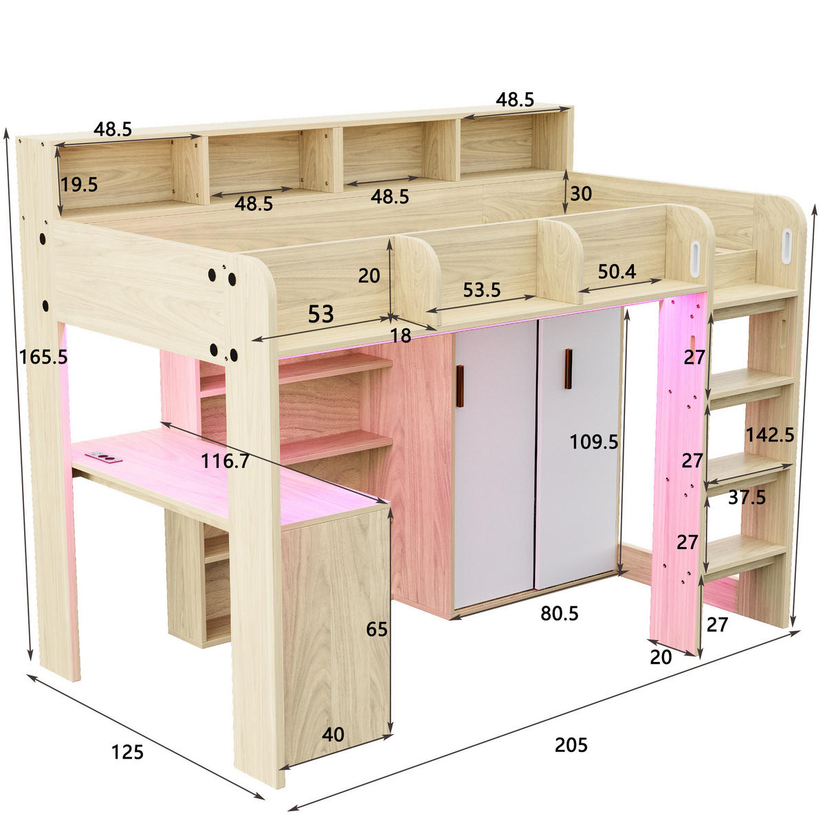 HOCHBETT aus Holzwerkstoff 90x200 cm Holzfarbe mit Schreibtisch, Kleiderschrank, LED und Steckdosen - Naturfarben, Holzwerkstoff (90/200cm) - IVMEU
