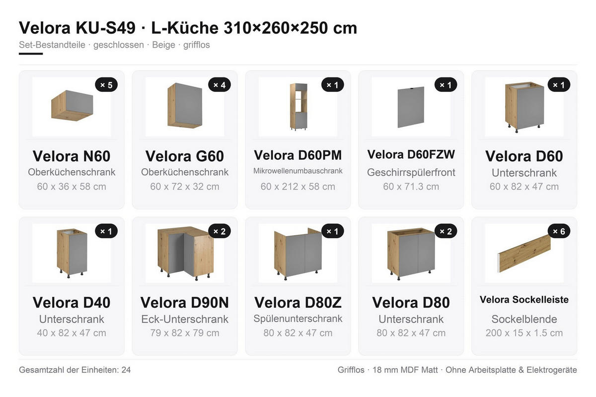 U-KÜCHE 310 x 260 x 250 cm VELORA – KU-S49 – Beige - Beige, Holzwerkstoff (310/248/260cm) - hi-markt