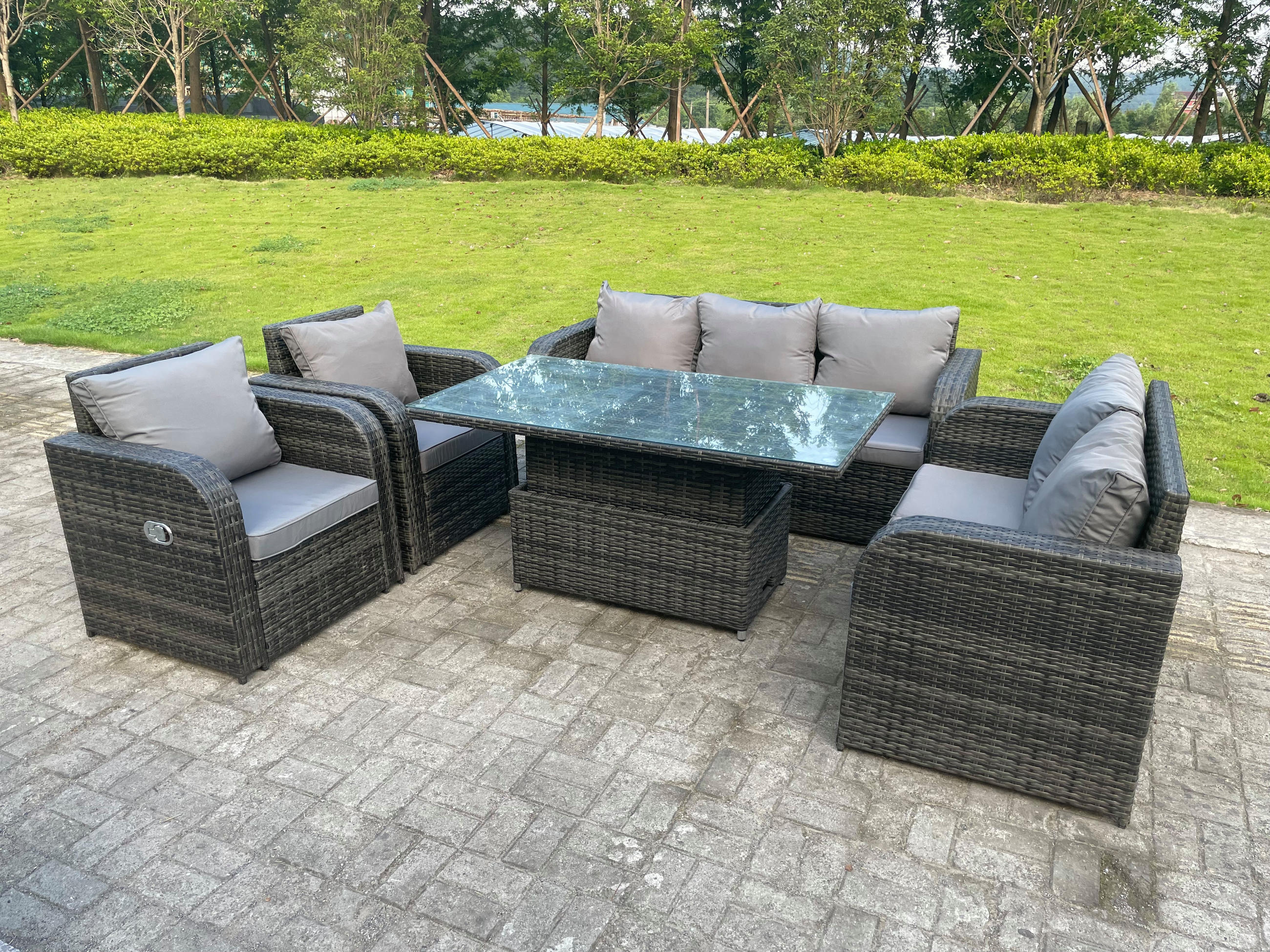 GARTENMÖBEL-SET Polyrattan 7-Sitzer - Dunkelgrau/Grau, Glas/Kunststoff - Fimous