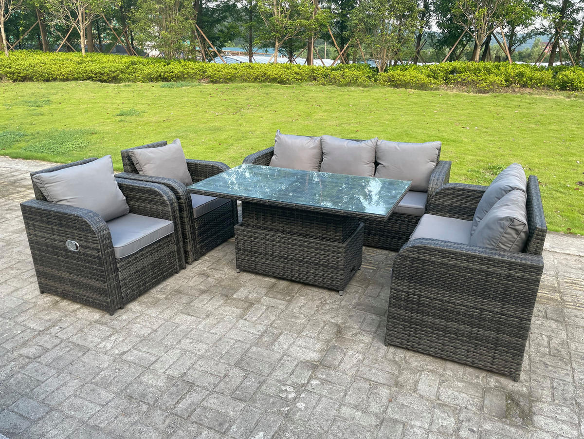 GARTENMÖBEL-SET Polyrattan 7-Sitzer - Dunkelgrau/Grau, Glas/Kunststoff - Fimous
