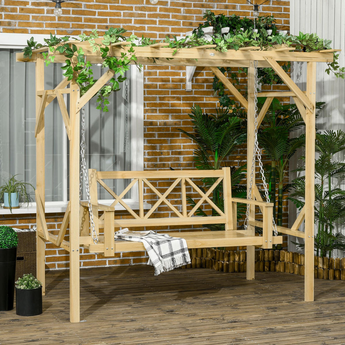 HOLLYWOODSCHAUKEL mit Pergola, Massivholz, Natur, 221 x 140 x 196 cm - Naturfarben, Holz (140/196/221cm) - Outsunny