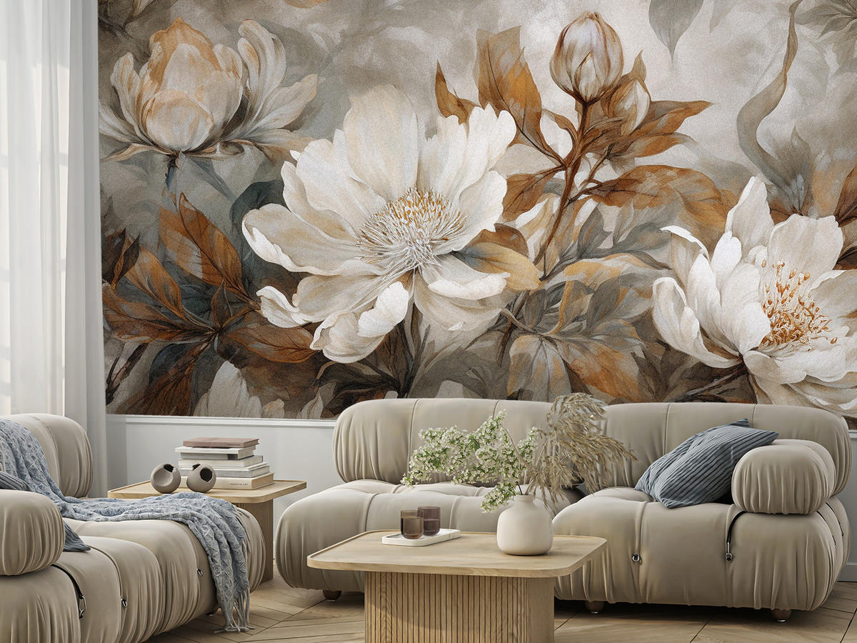 FOTOTAPETE für Wohnzimmer Blätter Abstrakte Blüten Pflanzen Retro 500x350 - Grau, Papier (500/350cm) - Muralo
