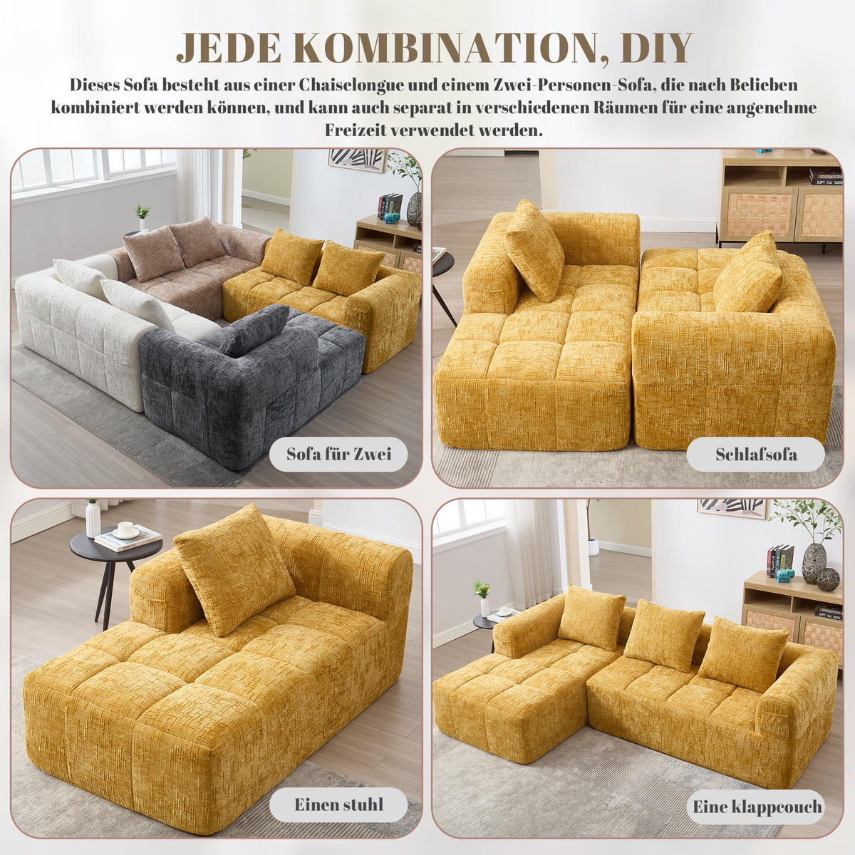 ECKSOFA chenille L-form mit chaiselongue & 3 kissen - Gelb, Textil (250/158cm) - Urban Meuble