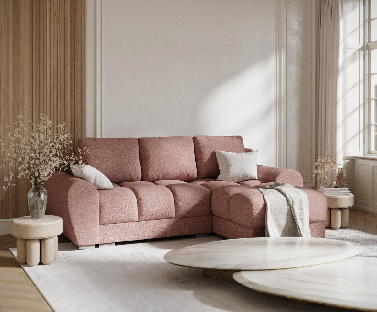 ECKSOFA MIT SCHLAFFUNKTION Peebles Rosa Webstoff - Chromfarben/Pink, Holz/Holzwerkstoff (256/175cm) - Maison de Reve