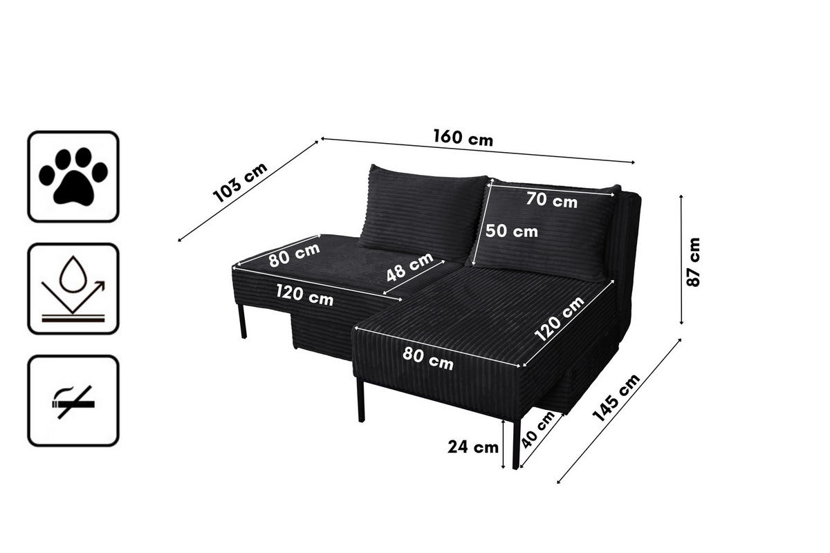 ECKSOFA Mit Schlaffunktion MOOKA 4in1-Multifunktions-System Stoff Velo Links Schwarz - Schwarz, Holz/Textil (145/160cm) - Kaiser Möbel