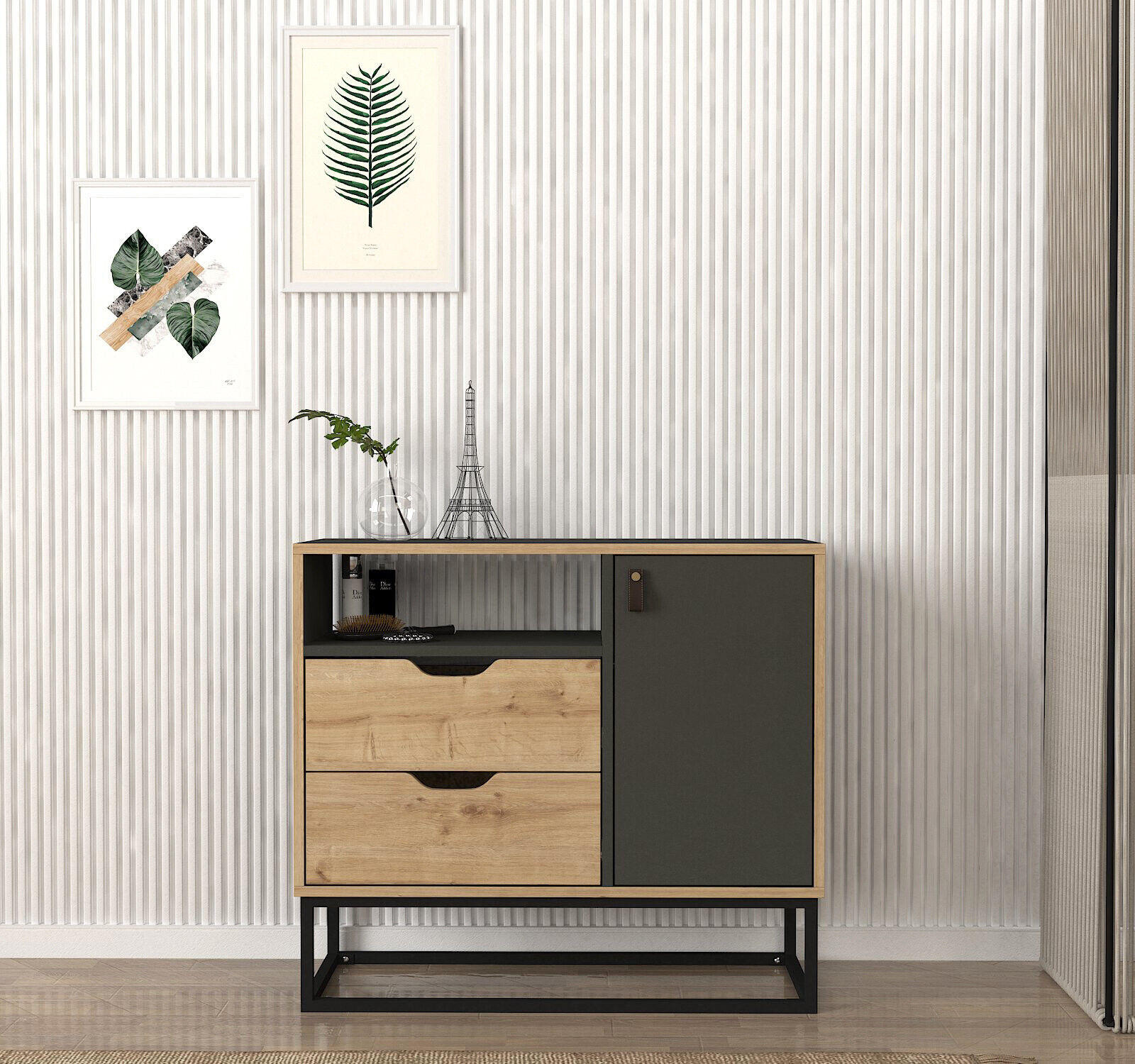 KOMMODE Dolores mit Metallfüße Anthrazit Safir - Anthrazit/Beige, Holzwerkstoff/Textil (90/80/35cm) - moebel17