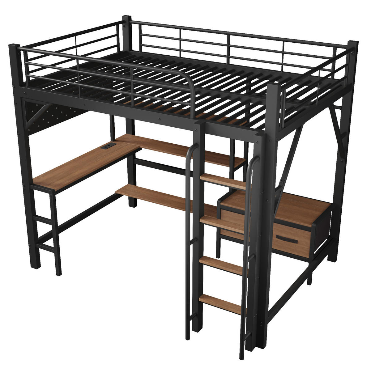 HOCHBETT aus Metall und MDF 140x200 cm Schwarz mit Schreibtisch, LED-Lichtleiste, USB und Stauraum - Schwarz, Holzwerkstoff (140/200cm) - Modfu