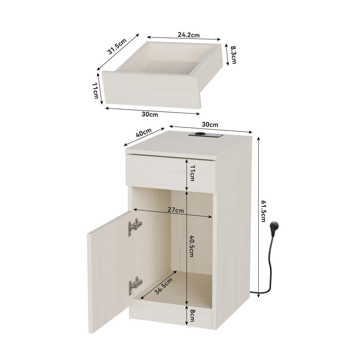 NACHTTISCH aus MDF 40x33x61,5 cm Weiß mit USB, USB-C, Steckdose, Schublade und Mülleimer - Weiß, Holzwerkstoff (33/61.5/40cm) - Modfu