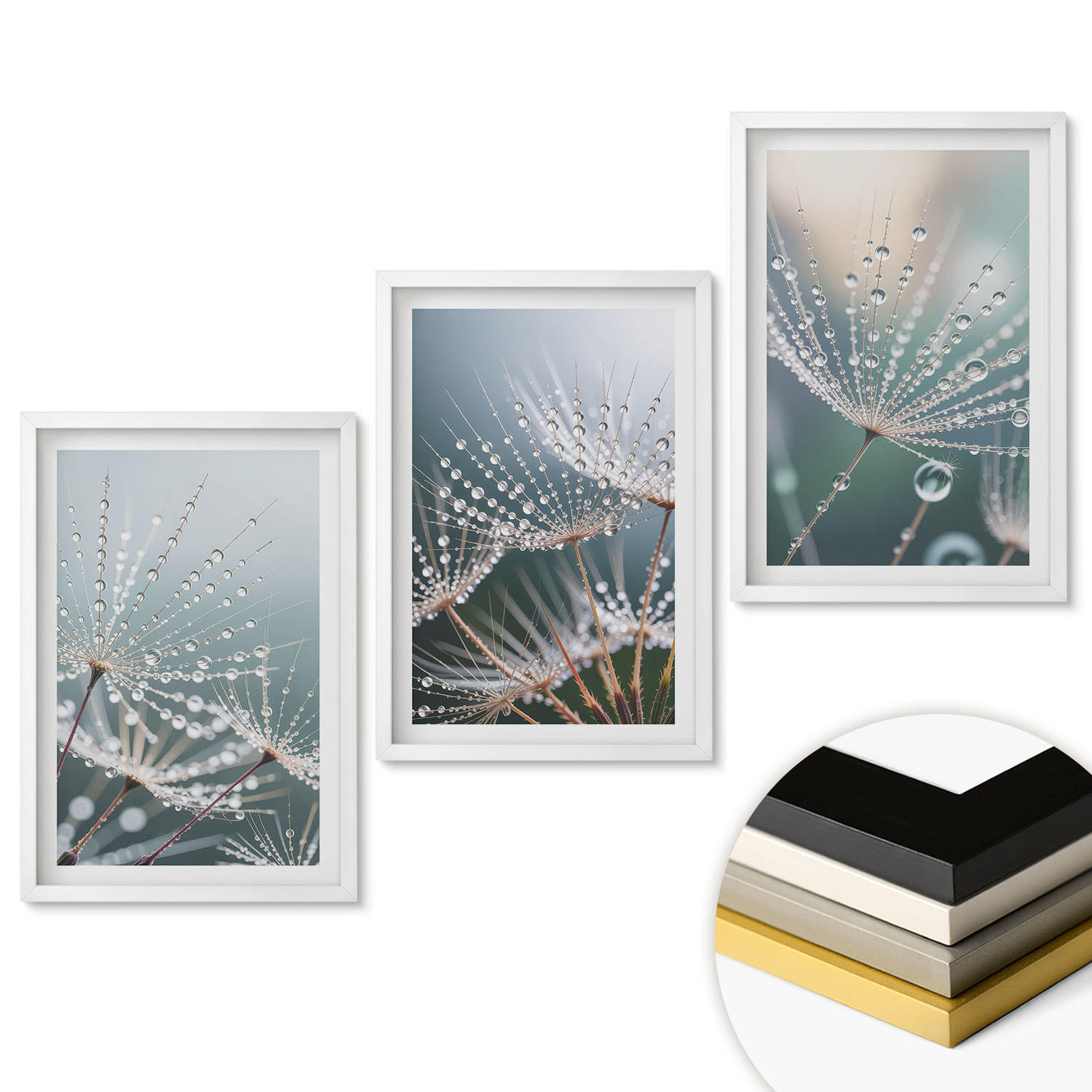 WANDBILDER 3er-Set - 40x60 cm Weißer Rahmen - Wassertropfen auf Löwenzahnsprossen - Weiß, Kunststoff (40/60cm) - ArtPrintCave