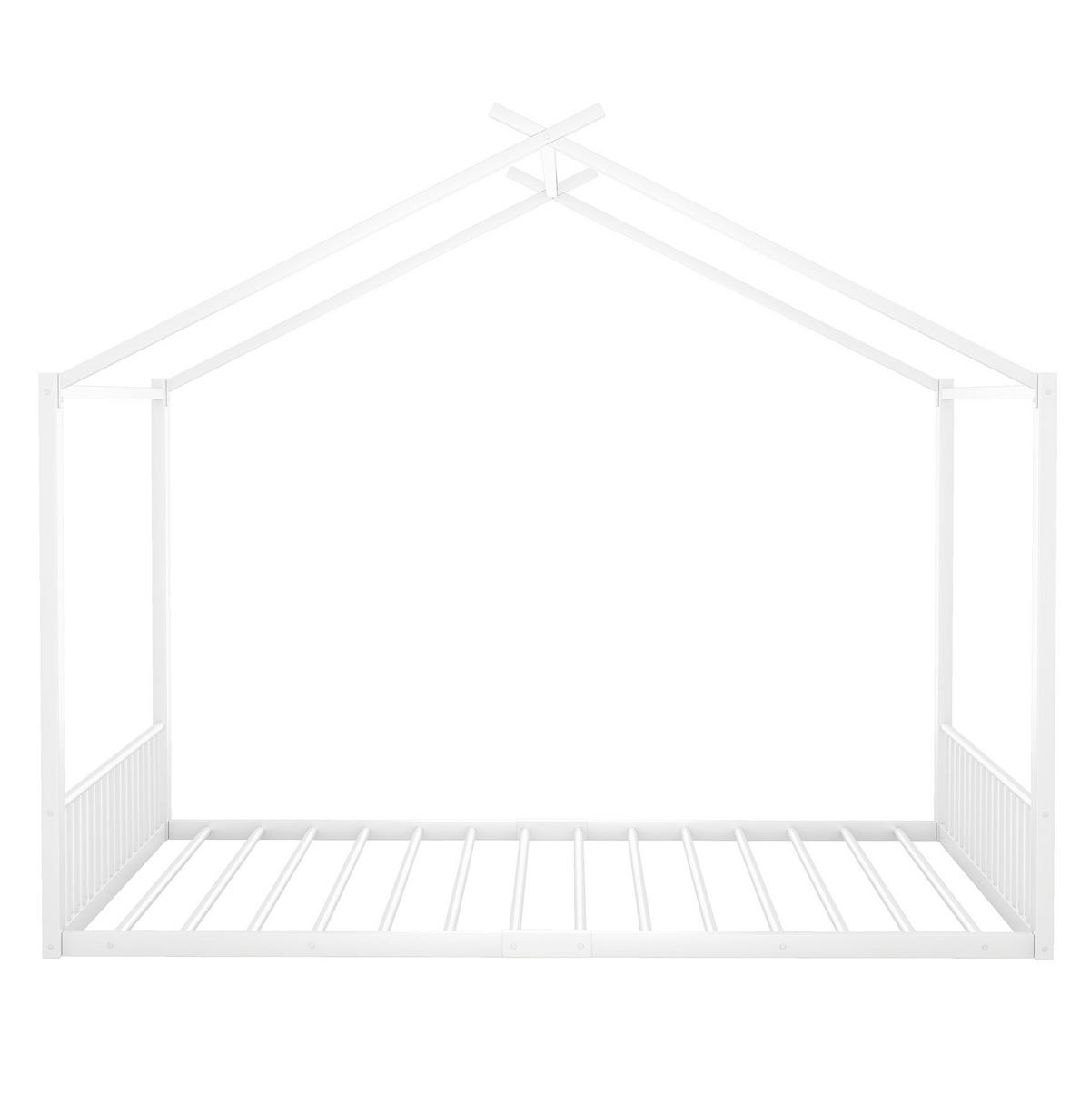 HAUSBETT 140/200 cm aus Metall in Weiß – mit Dachaufbau - Weiß, Metall (140/200cm) - BEAOK