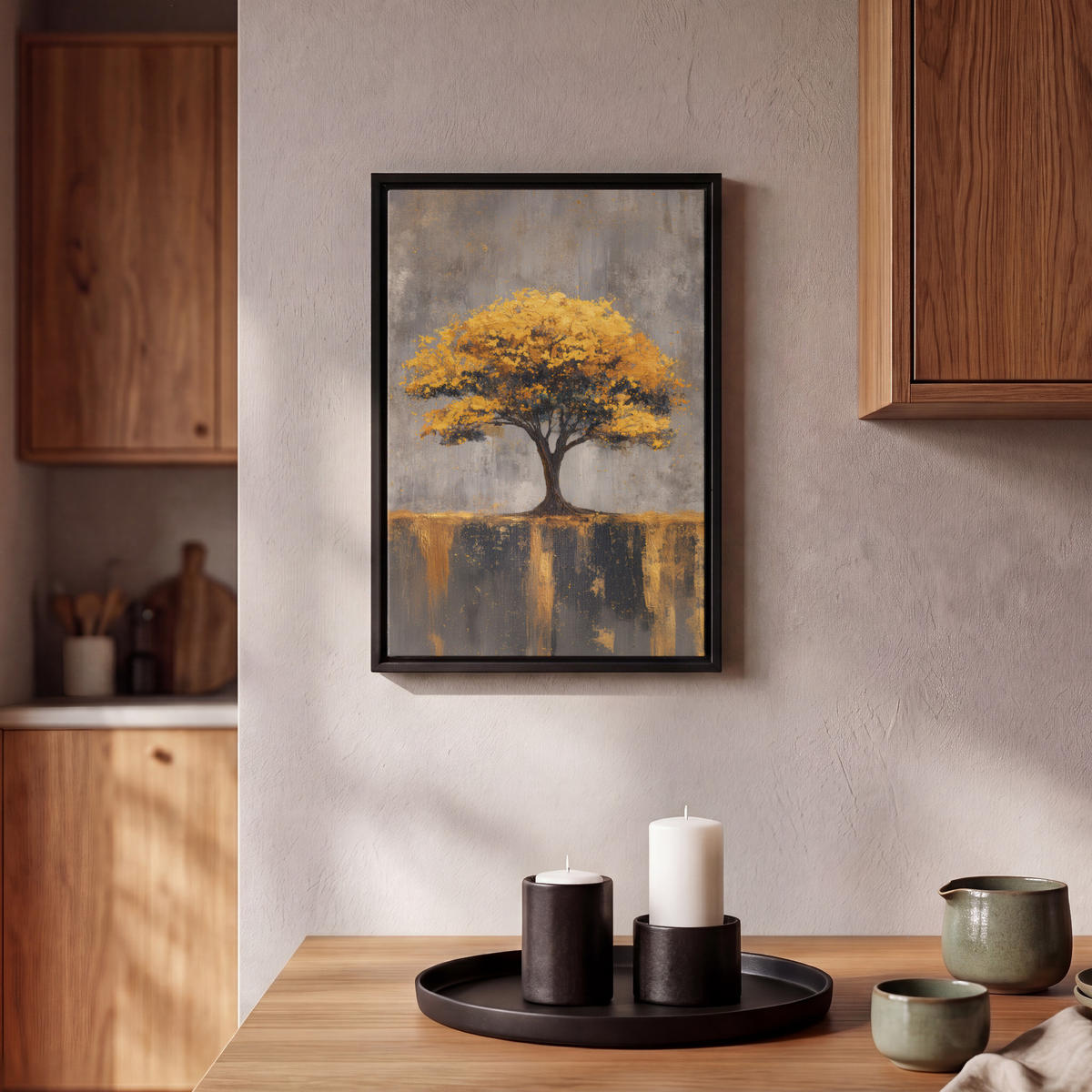 LEINWAND Bilder mit Rahmen - Baum - Blätter - Gold - Abstrakt - 20x30 - Grau, Textil (20/30cm) - MuchoWow