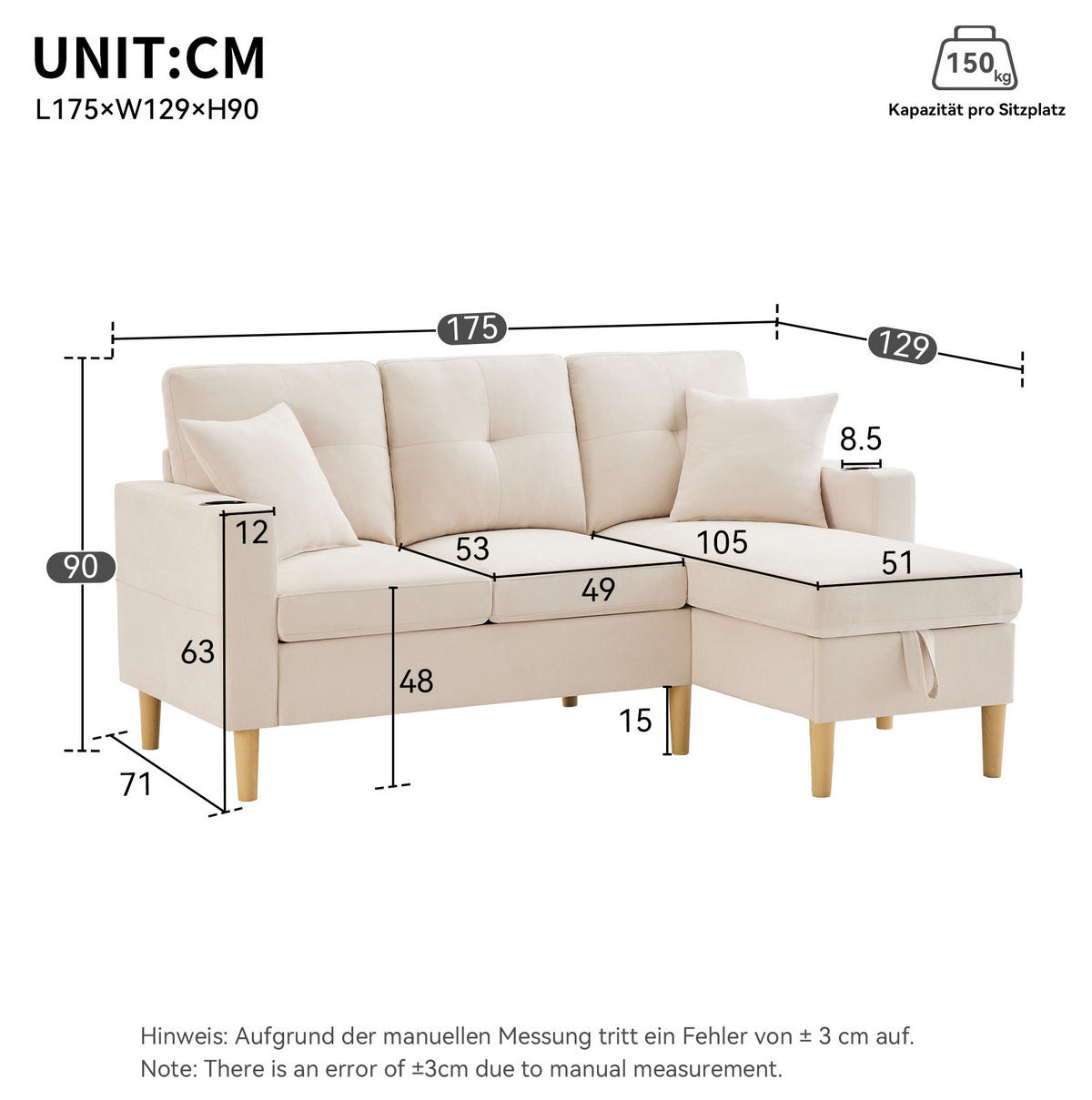 ECKSOFA in Leinenoptik Beige 129x175x90 cm mit Stauraum und beidseitig platzierbarer Chaiselongue - Beige, Textil (175/129cm) - IVMEU
