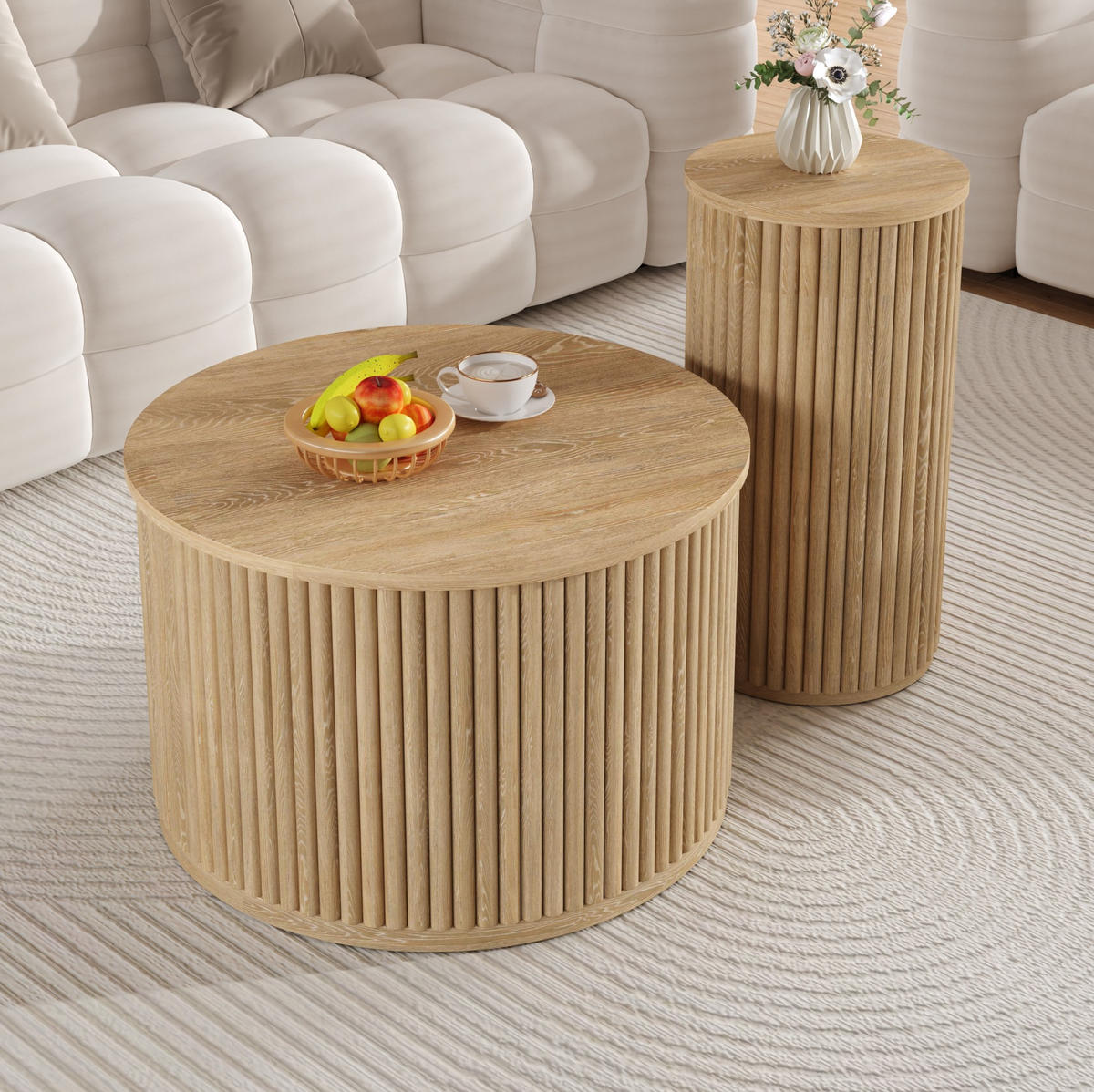 COUCHTISCH-SET 60/60/38,5 + 30/30/56 cm in Natur mit 3D-Streifenoptik - Naturfarben, Holzwerkstoff (60/60/38.5cm) - Flora Grace