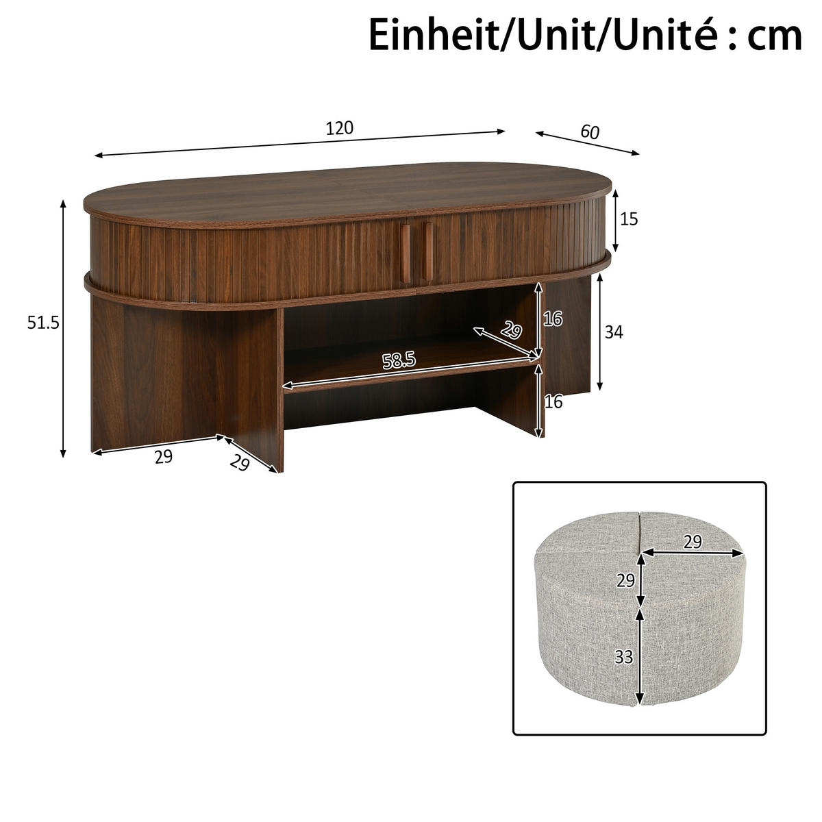 COUCHTISCH Oval Stauraum Rillenoptik mit Hockern Modern - Walnussfarben, Holzwerkstoff (60/120/51.5cm) - FLIEKS