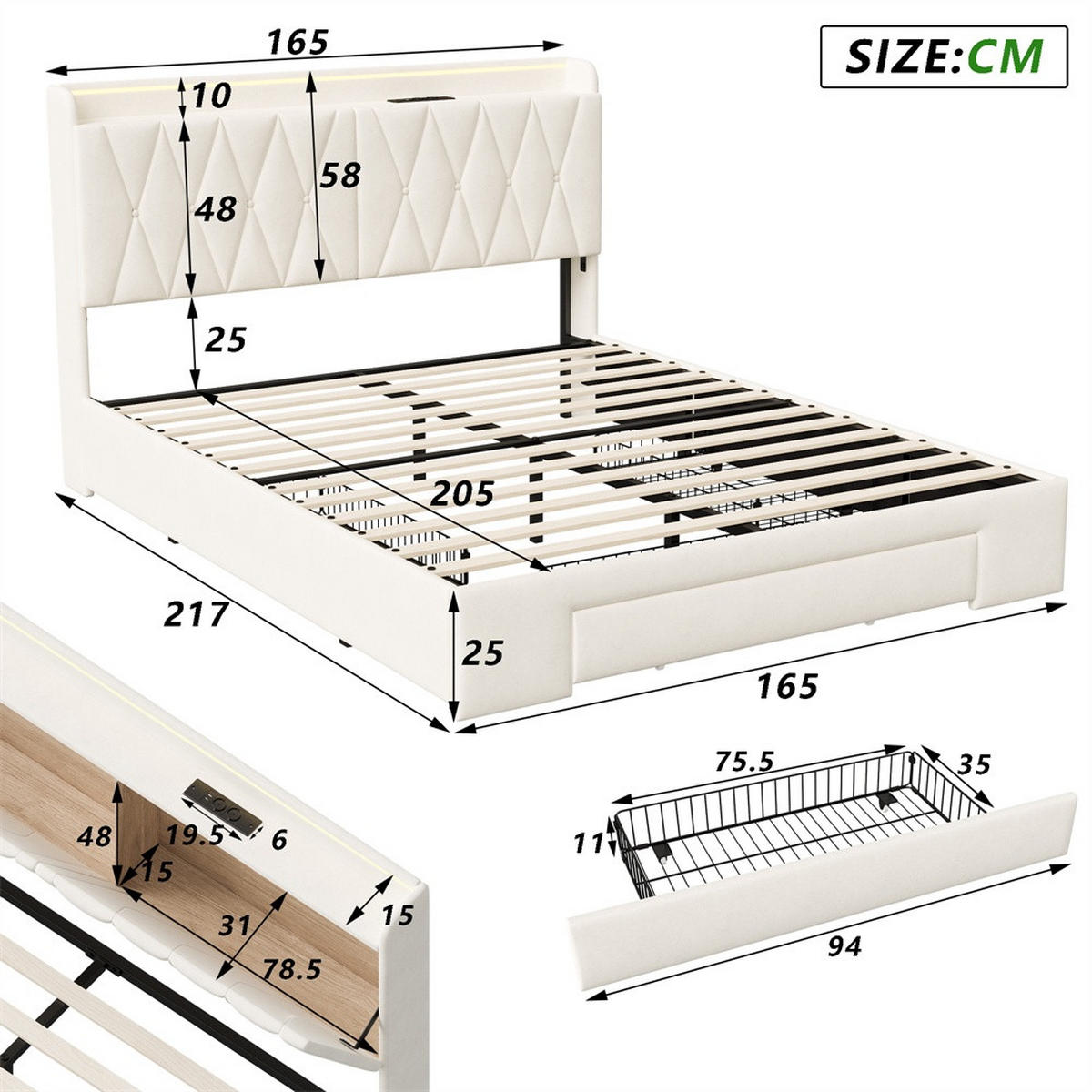 POLSTERBETT 160x200 cm mit aufklappbarem Stauraumkopfteil - 3 Schubladen und LED-Beleuchtung - ohne Matratze - Beige - Beige, Textil (160/200cm) - DELFA
