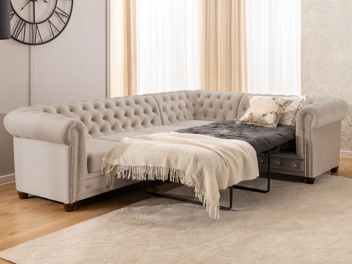 ECKSOFA mit Schlaffunktion Chesterfield Cleo Blink Beige Samt mit Kristallsteppung und braunen Massivholzfüßen - Ottomane Rechts - Beige/Braun, Holz/Textil (264/210cm) - S-Style Möbel