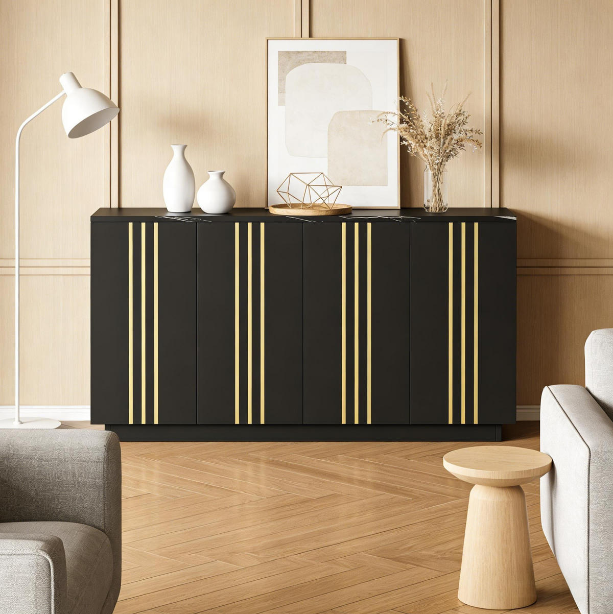 SIDEBOARD 140/35/70 cm schwarz aus Spanplatte mit 4 Türen - Schwarz, Holzwerkstoff (140/70/35cm) - OKWISH