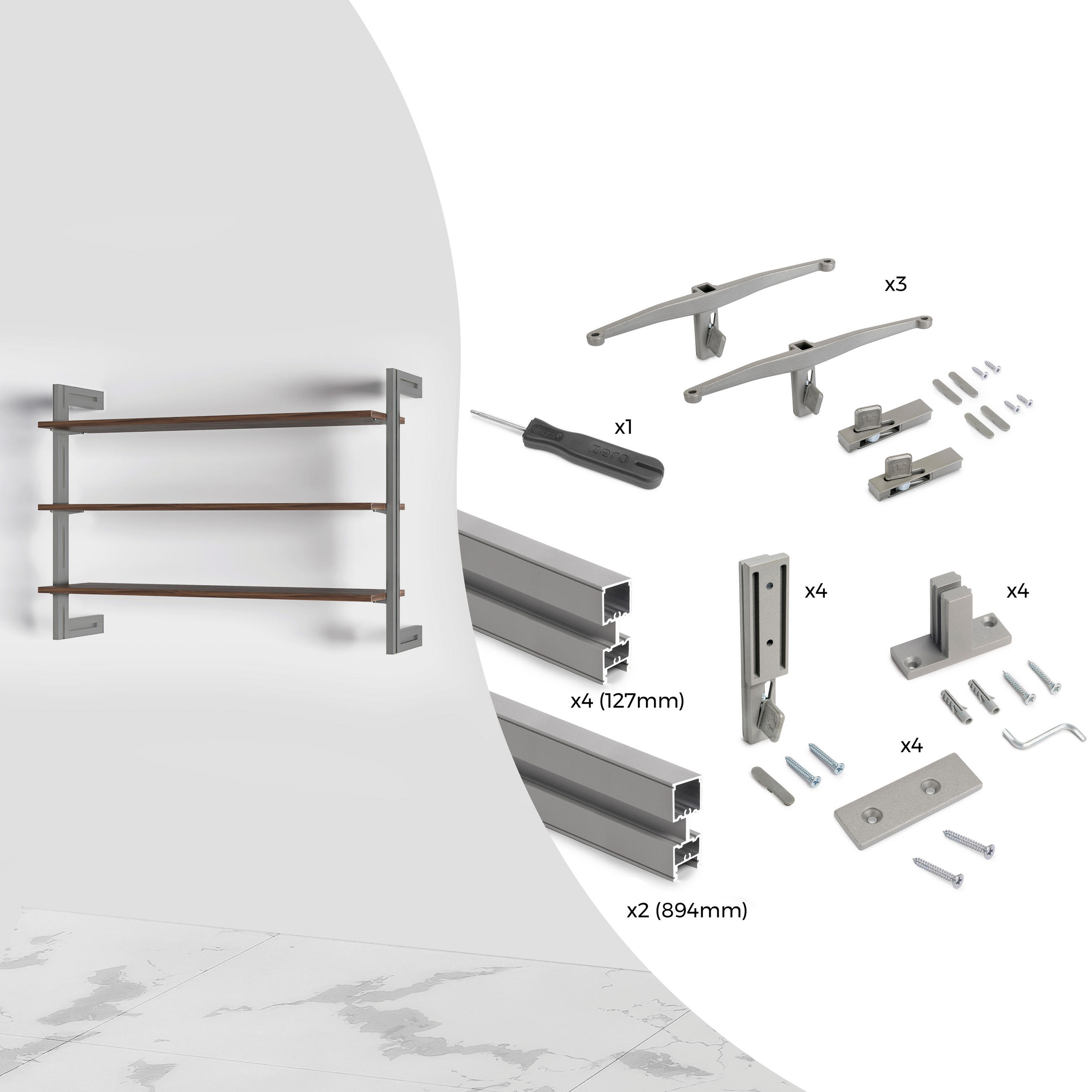 MODULAR Zero frame set mit Wandhalterungen, Aluminium und Zamak, Steingrau lackiert - Grau, Metall (1/90/22.7cm) - EMUCA