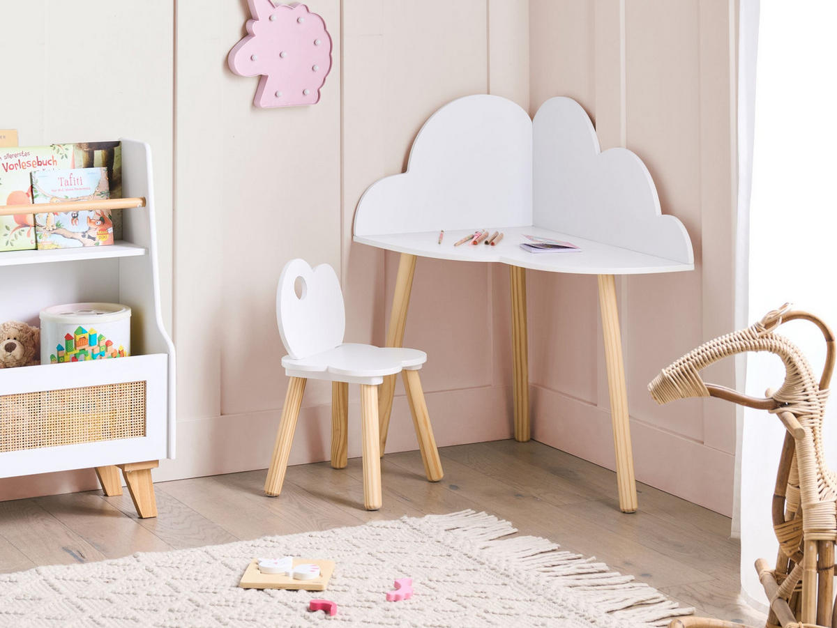 KINDERTISCH und Stuhlset Weiß Cloudy - Hellbraun, Holzwerkstoff (65/77/26cm) - Beliani