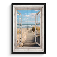 GERAHMTES BILD Fenster - Meer - Küste - Natur - Ausblick - Strand - Wattenmeer 40x60 cm - Beige, Papier (40/60cm) - MuchoWow