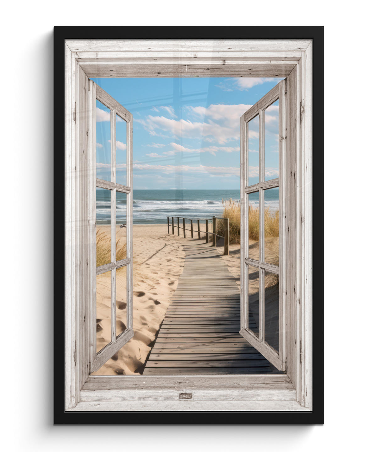 GERAHMTES BILD Fenster - Meer - Küste - Natur - Ausblick - Strand - Wattenmeer 40x60 cm - Beige, Papier (40/60cm) - MuchoWow