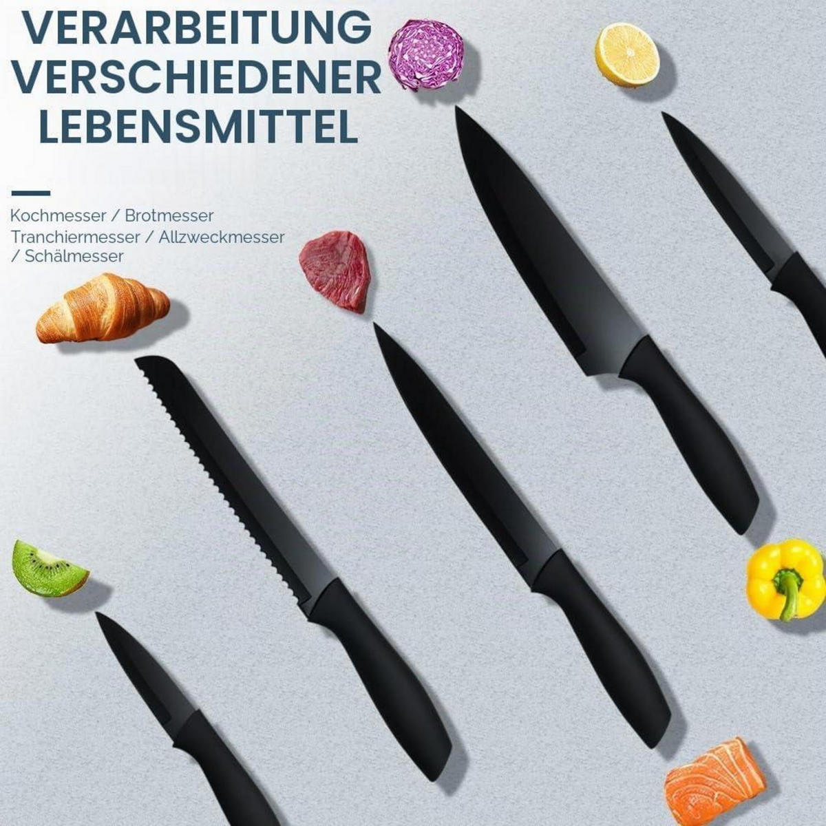 KÜCHENMESSER Set 7-teilig mit Holzblock und Antihaftbeschichtung - Silberfarben, Metall