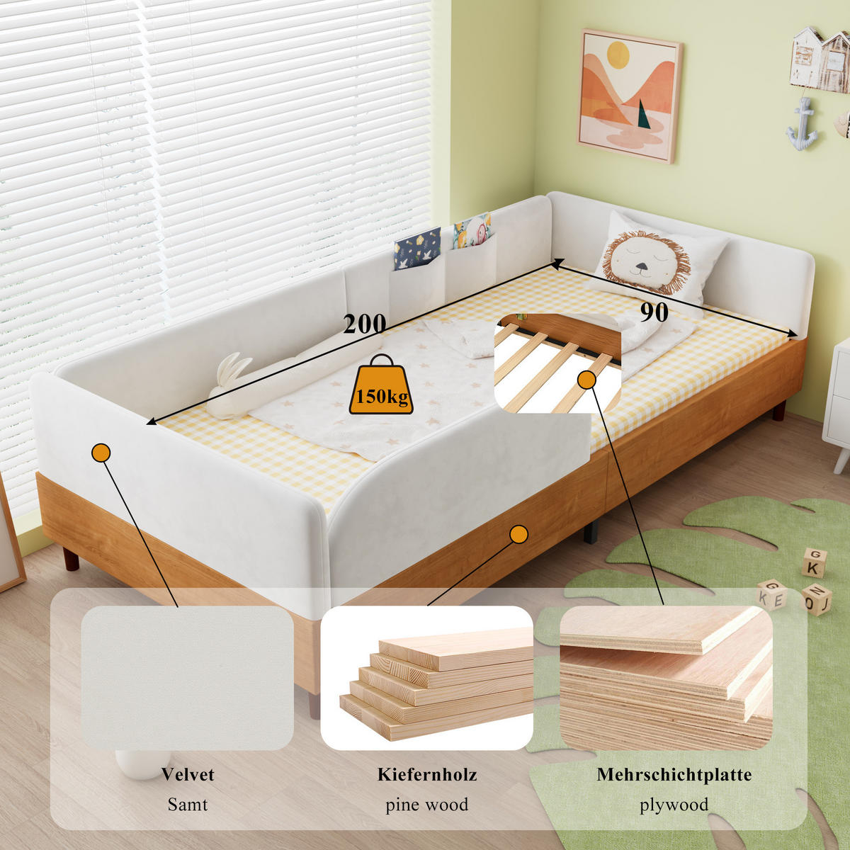 POLSTERBETT 90/200 cm Weiß/Natur aus Samt mit 2 Stautaschen - Naturfarben, Textil (90/200cm) - OKMYHOME