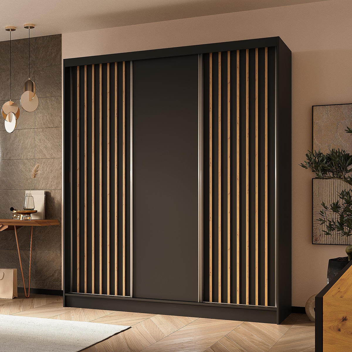 SCHWEBETÜRENSCHRANK LAMELLO 180/216/61 cm 3-türig Schwarz - Schwarz, Holzwerkstoff (180/216/61cm) - MASSENO