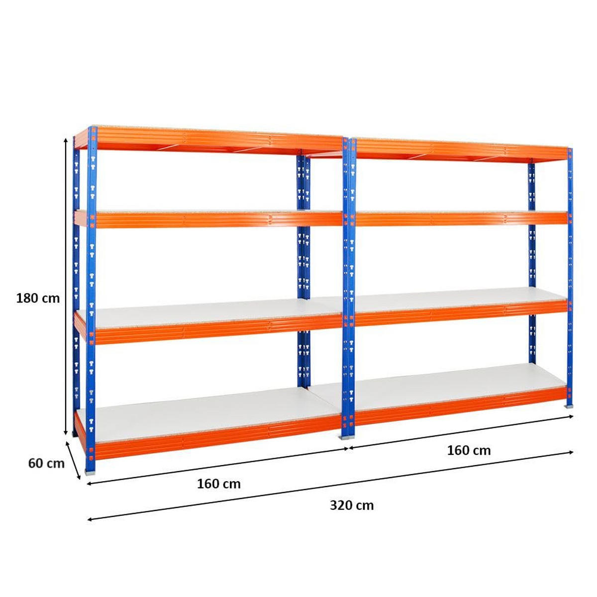 SCHWERLASTREGAL Rhino 2er-Set mit 2x 180x160x60 cm 4 Melamin-Ebenen 16mm Fachlast 500 kg Blau-Orange - Orange, Metall (320/180/60cm) - PROREGAL