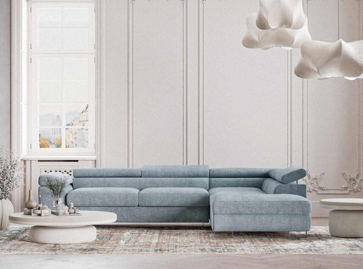 ECKSOFA Concord Hellblau Chenille-Stoff - Rechts Seite - Schwarz/Hellblau, Holz/Holzwerkstoff (277/203cm) - Maison de Reve