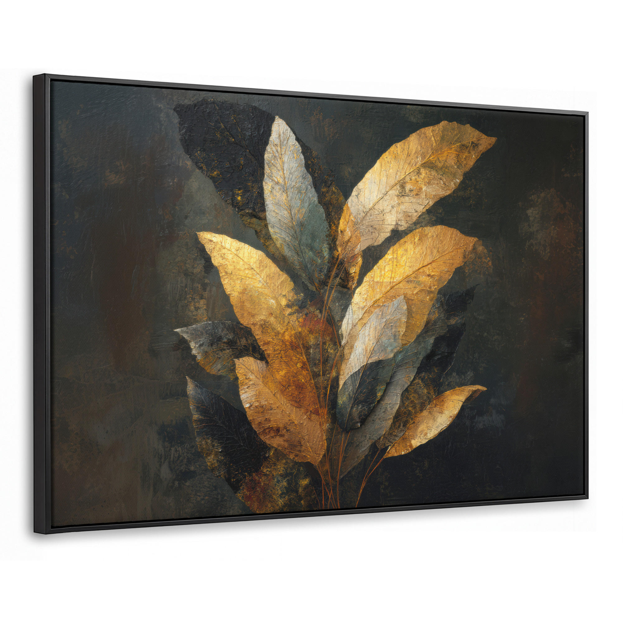 LEINWAND Bilder mit Rahmen - Golden Leaf Komposition - Botanical Luxury - 150x100 - Goldfarben, Textil (150/100cm) - MuchoWow
