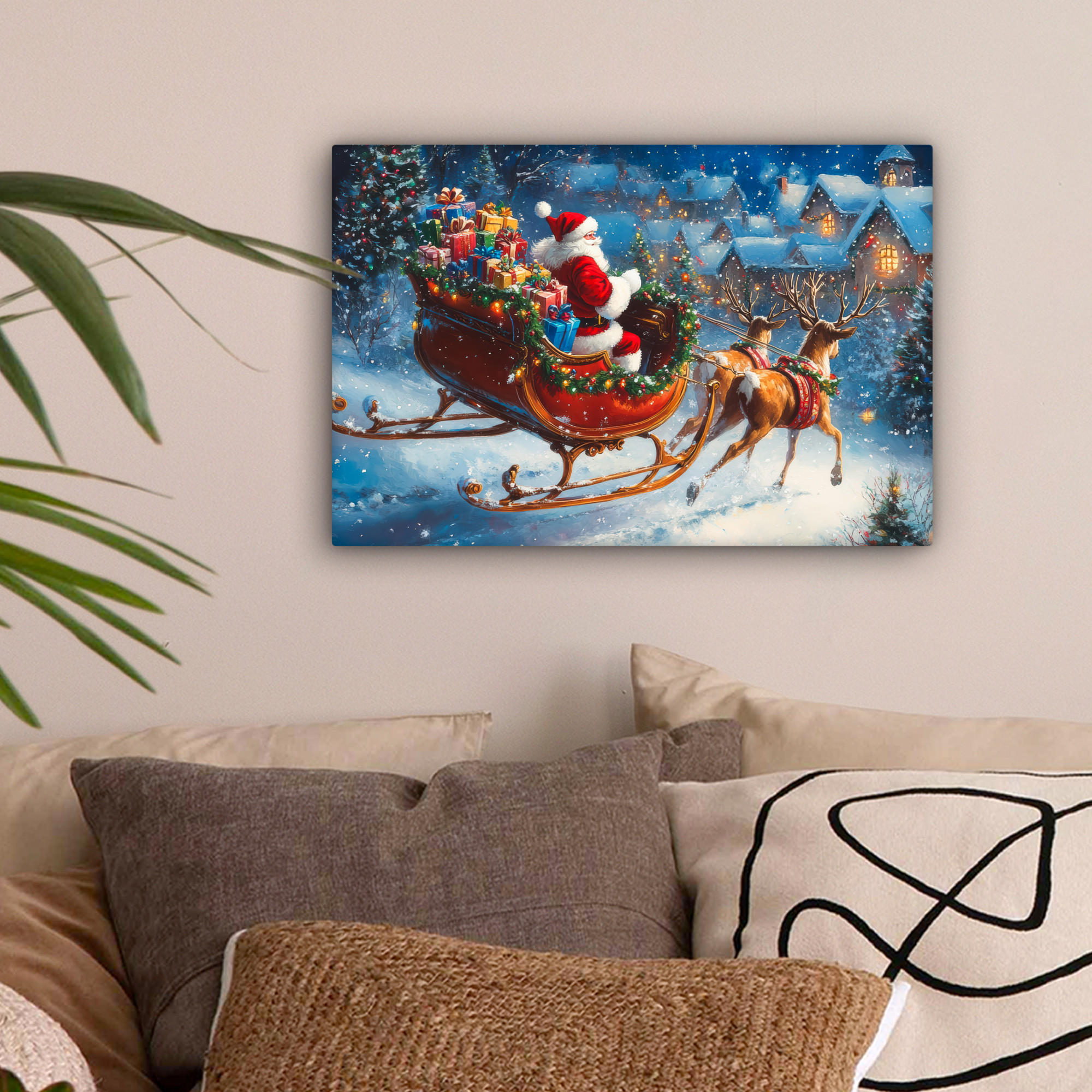 LEINWANDBILD Weihnachtsmann - Rentier - Weihnachten - Schnee 30x20 cm - Cognac, Textil (30/20cm) - MuchoWow