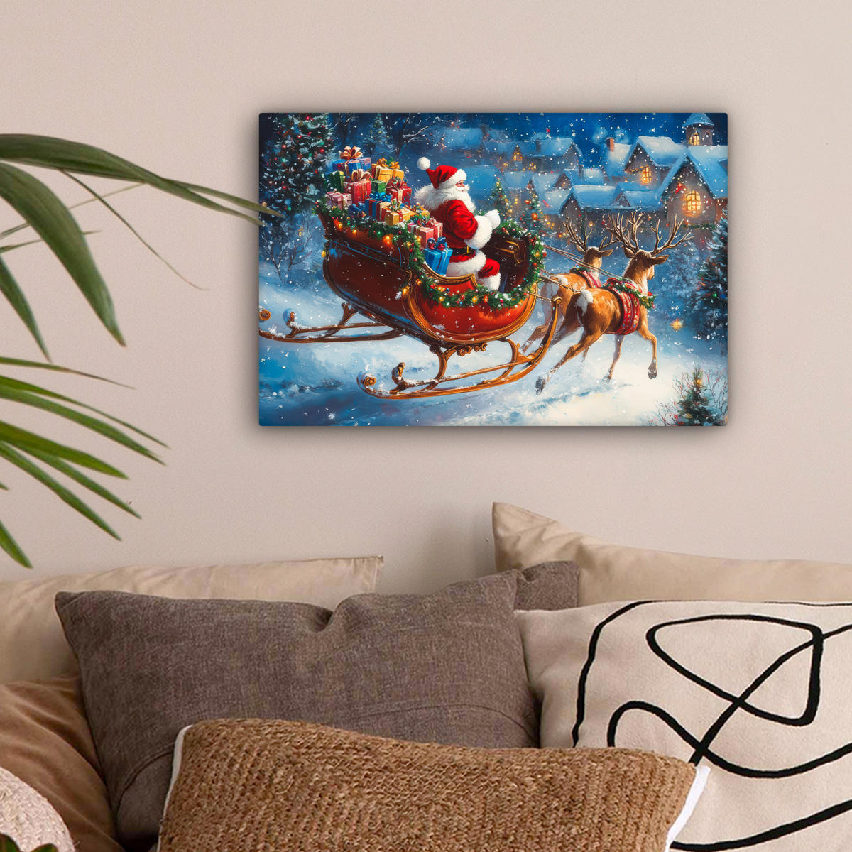 LEINWANDBILD Weihnachtsmann - Rentier - Weihnachten - Schnee 30x20 cm - Cognac, Textil (30/20cm) - MuchoWow