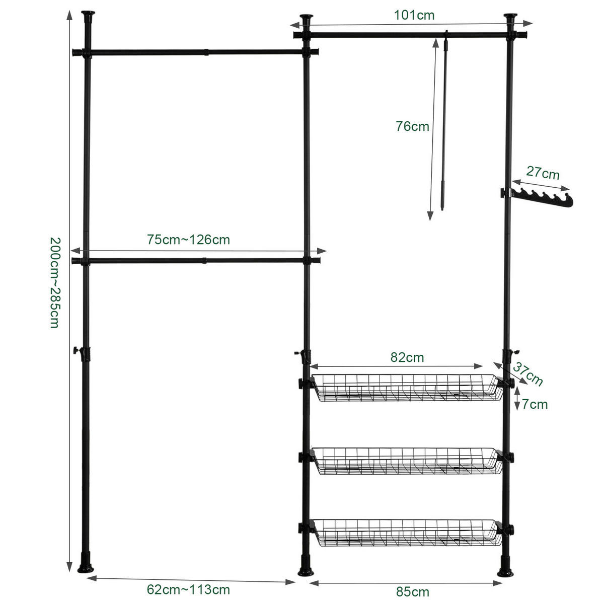 TELESKOP GARDEROBEN SYSTEM Schwarz - Schwarz, Kunststoff (198/285/1cm) - SoBuy
