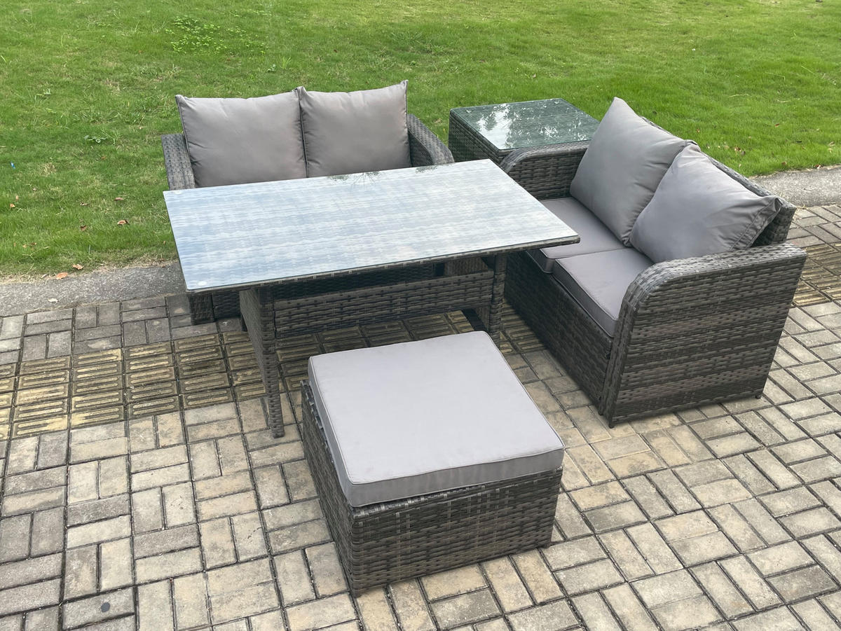 GARTENSET mit Zweisitzer,Hocker,Esstisch Polyrattan 5-Sitzer - Dunkelgrau/Grau, Glas/Kunststoff - Fimous
