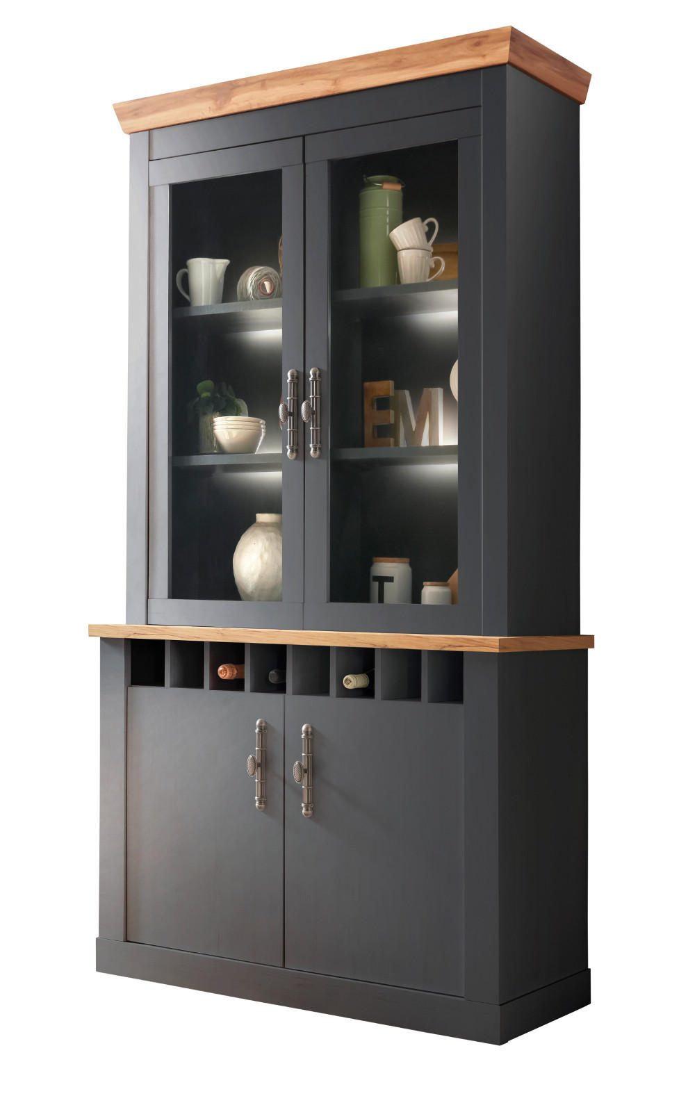 VITRINENSCHRANK grau, Wotan Eiche Landhaus 110 cm, Buffetschrank mit Soft-Close-Funktion - Silberfarben/Eiche Wotan, Glas/Holzwerkstoff (110/205/44cm) - Furn.Design